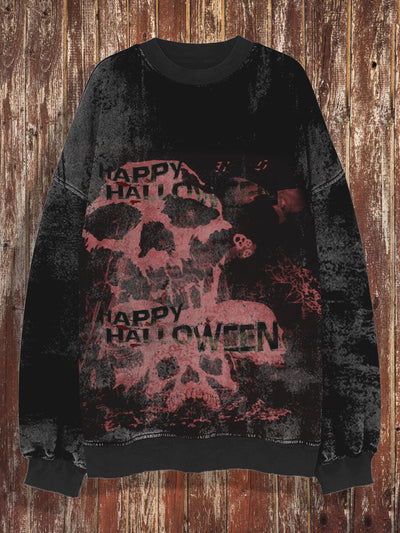 Unisex Halloween skull retro printed round neck casual long sleeved sweatshirt