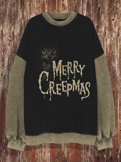 Unisex Christmas owl retro printed round neck casual long sleeved sweatshirt