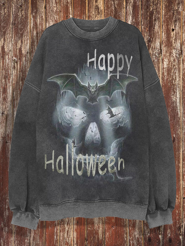 Unisex Halloween bat skull retro round neck casual long sleeved sweatshirt