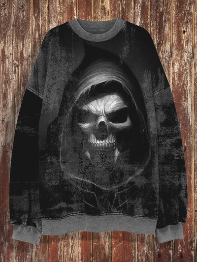 Unisex skull retro printed round neck casual long sleeved sweatshirt