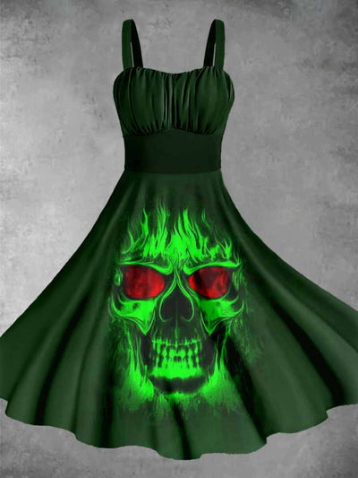 Vintage Green Monster Halloween Print Midi Dress