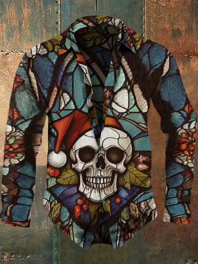 Men's Christmas Skull Retro Printed Casual Fashion Collar Long Sleeve Shirt