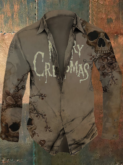 Men's Christmas Skull Retro Printed Casual Fashion Collar Long Sleeve Shirt