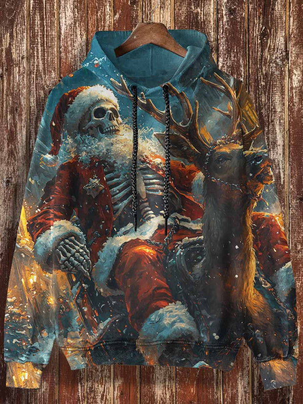 Unisex Skeleton Santa Claus Print Casual Hooded Sweatshirt