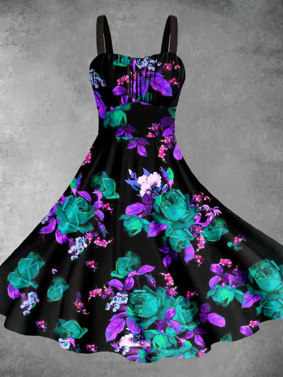 Vintage Fantasy Flowers Print Halloween Midi Dress