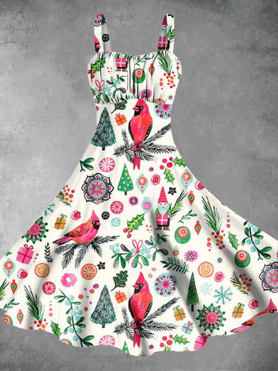 Women's Christmas Red Bird Printed Suspender Dress