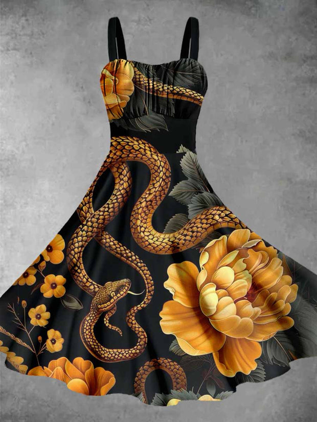 Vintage Snake And Chrysanthemum Halloween Print Midi Dress