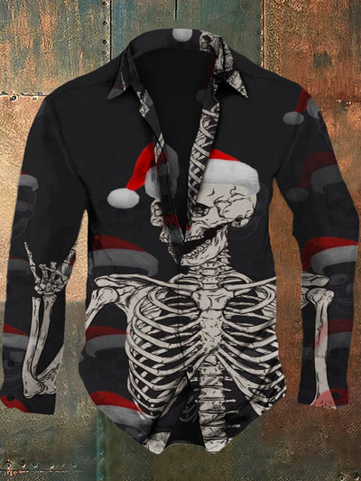 Men's Christmas vintage printed fashionable lapel long sleeved shirt