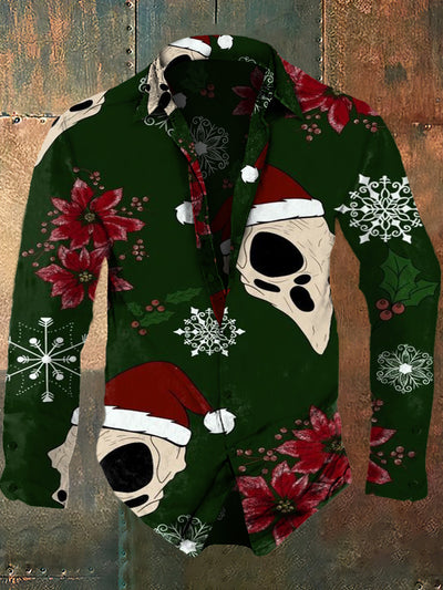 Men's Christmas vintage printed fashionable lapel long sleeved shirt