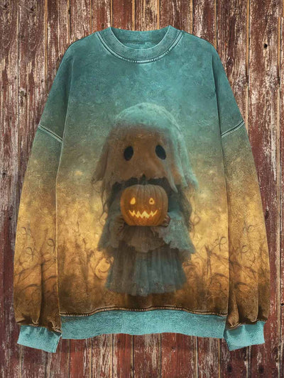 Unisex Fantasy Ghost Pumpkin Print Halloween Crew Neck Casual Sweatshirt