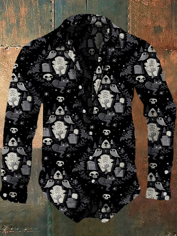 Men's retro printed fashionable lapel long sleeved shirt