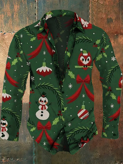 Men's Christmas vintage printed fashionable lapel long sleeved shirt