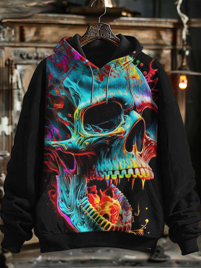 Unisex Fantasy Color Skull Print Halloween Hooded Sweatshirt With Pocket