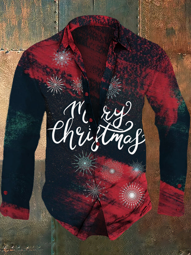 Men's Christmas vintage printed fashionable lapel long sleeved shirt