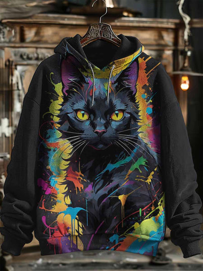 Unisex Fantasy Black Cat Print Halloween Hooded Sweatshirt With Pocket