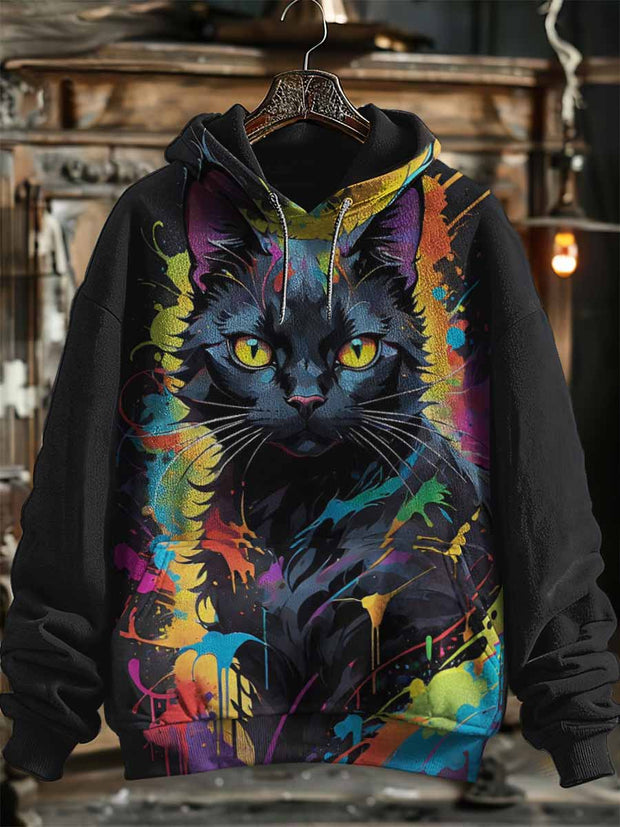 Unisex Fantasy Black Cat Print Halloween Hooded Sweatshirt With Pocket