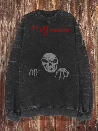 Unisex Halloween skull retro printed round neck casual fashion long sleeved sweatshirt