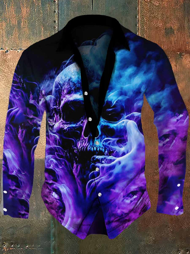 Men's Retro Magic Skull Print Casual Shirt Long Sleeve