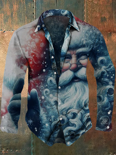 Men's Christmas vintage printed fashionable lapel long sleeved shirt