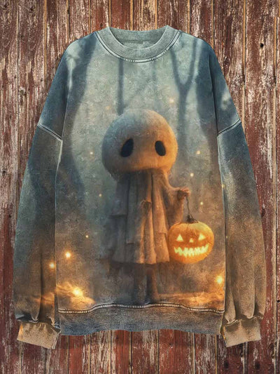 Unisex Ghost And Pumpkin Print Halloween Crew Neck Casual Sweatshirt