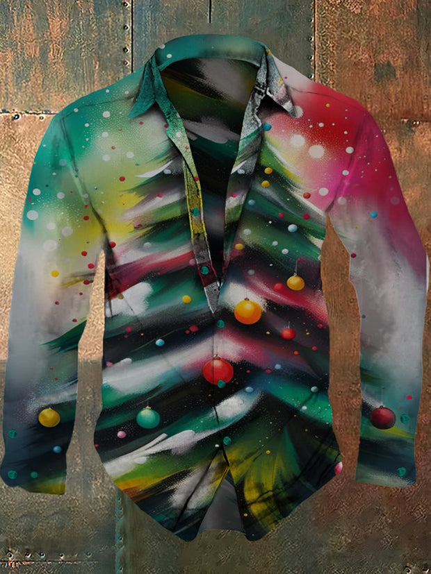 Men's Christmas vintage printed fashionable lapel long sleeved shirt