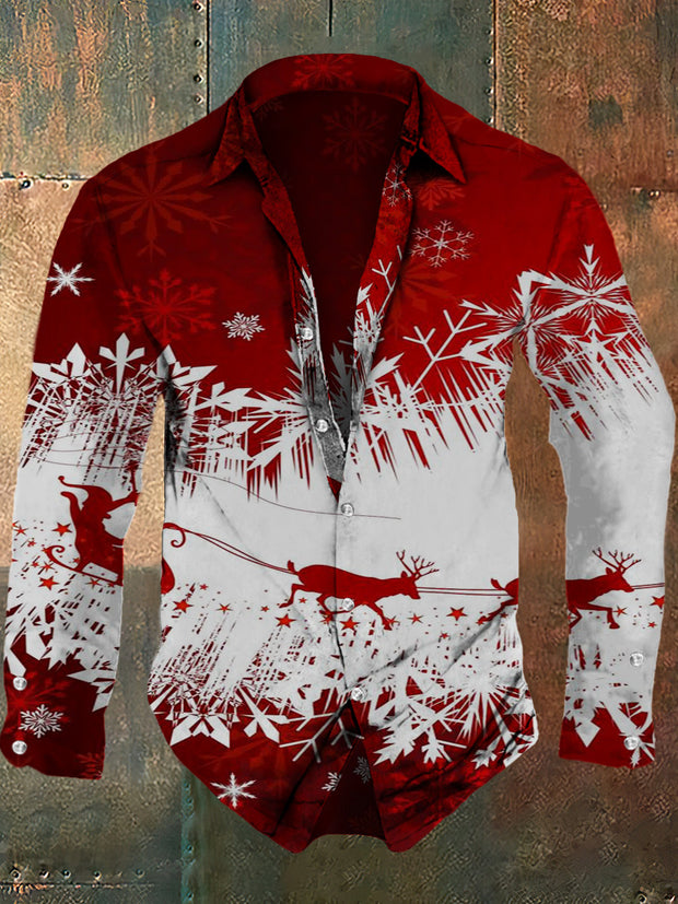 Men's Christmas vintage printed fashionable lapel long sleeved shirt