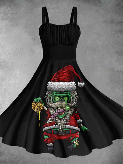 Vintage  Christmas Zombie Print Midi Dress