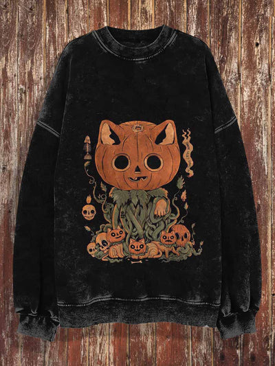 Unisex Pumpkin-Cat Print Crew Neck Casual Sweatshirt