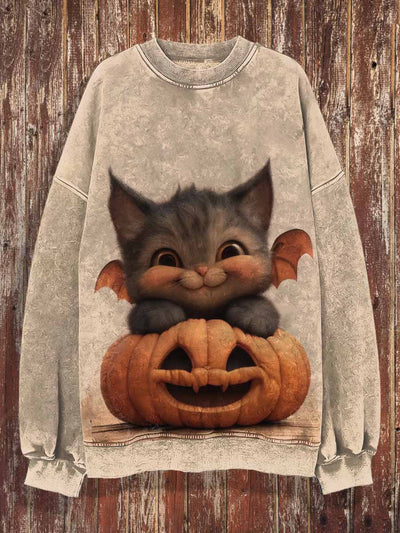 Unisex Cute Cat Pumpkin Print Crew Neck Casual Sweatshirt