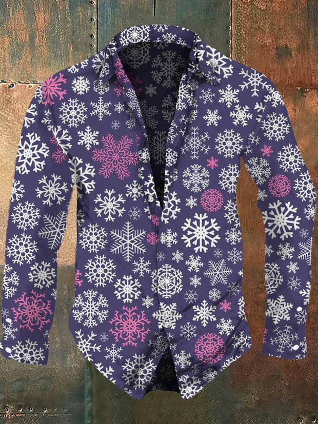 Men's Retro Christmas Style Colorful Snowflake Print Long Sleeve Shirt