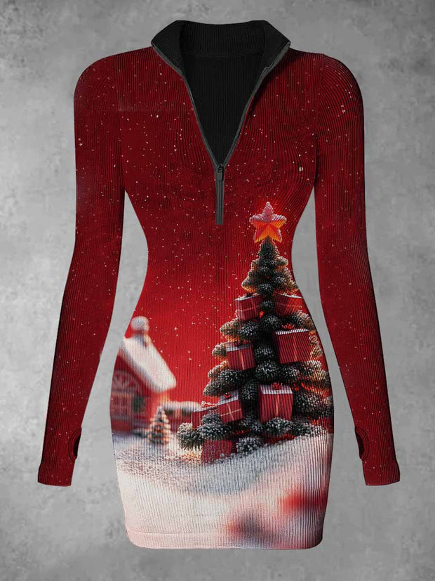 Women's Christmas Gift Tree Abstract Print Casual Long Sleeve Mini Dress