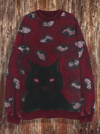 Cat retro printed round neck casual loose long sleeved sweatshirt