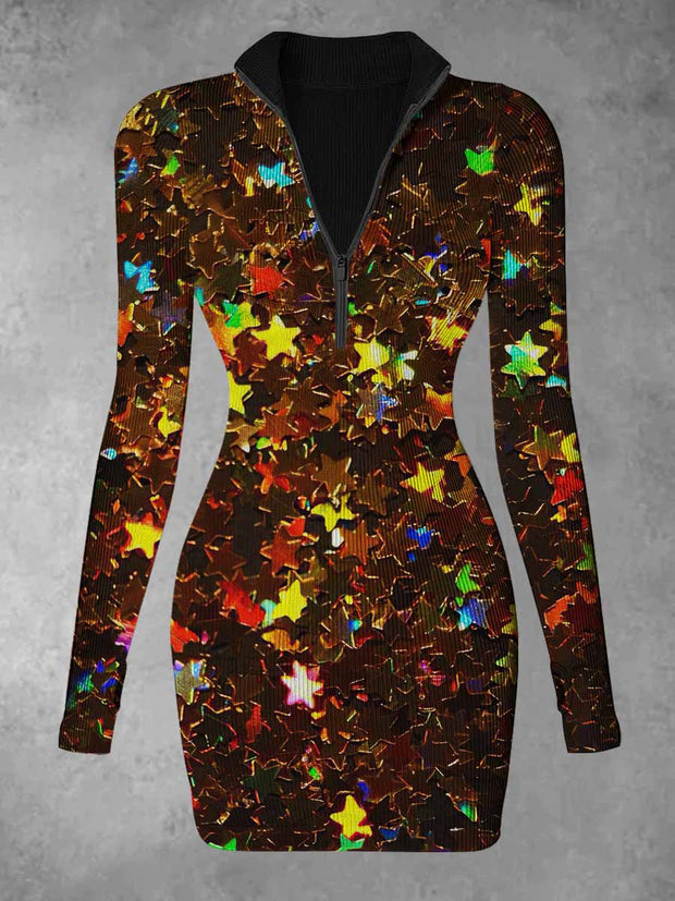 Women's Christmas Stars Abstract Print Casual Long Sleeve Mini Dress