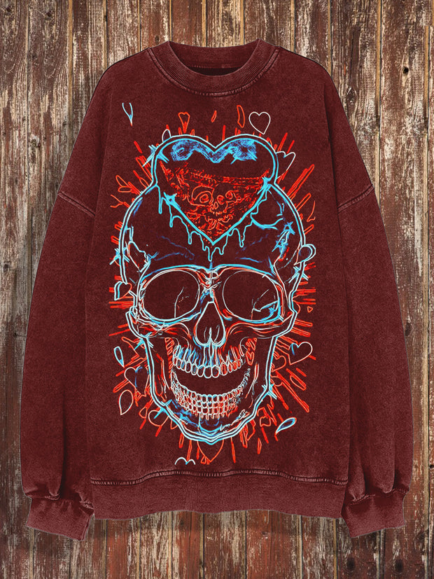 Skull retro printed round neck casual loose long sleeved sweatshirt