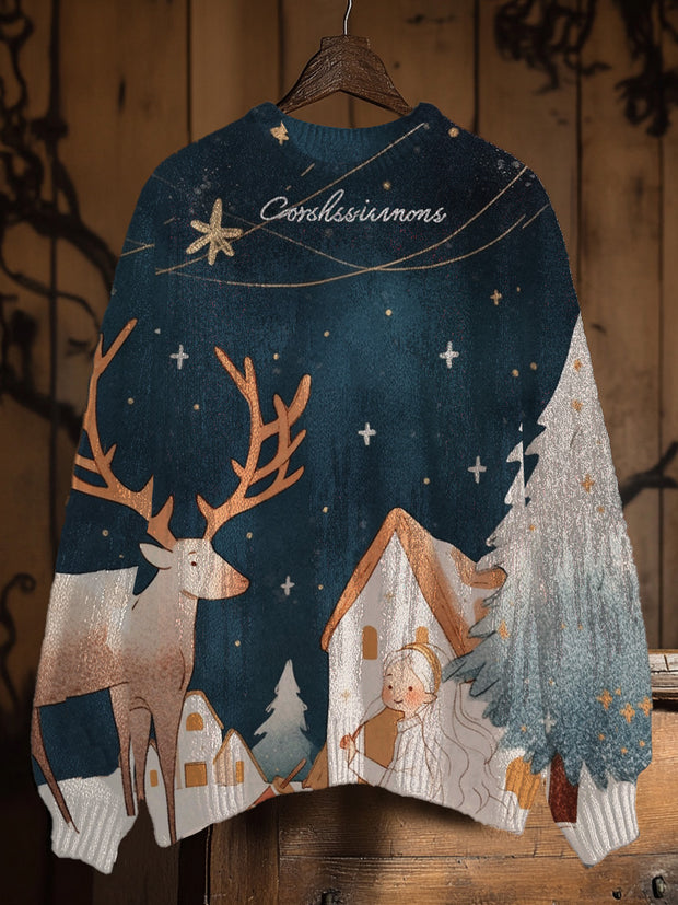 Vintage Christmas Elk Art Print Casual Knit Pullover Sweater