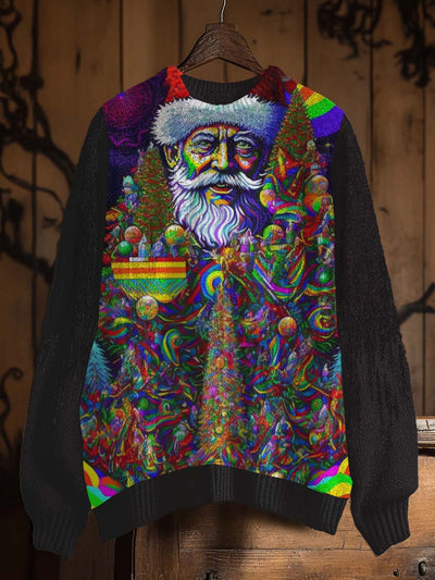 Vintage Psychedelic Santa Art Print Casual Knit Pullover Sweater