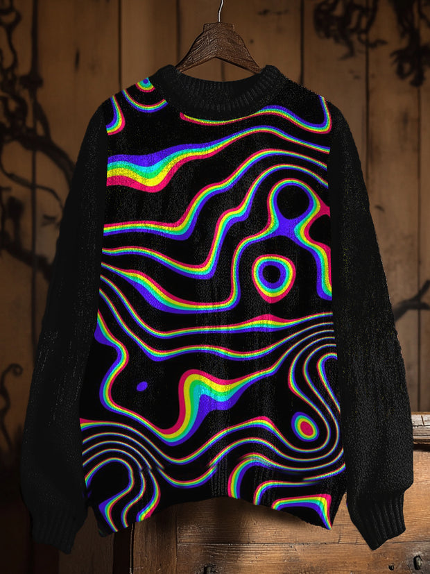 Vintage Abstract Lines Art Print Casual Knit Pullover Sweater