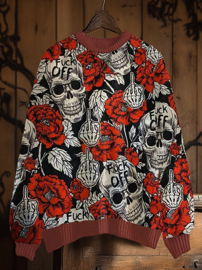 Vintage Cool Skull Art Print Casual Knit Pullover Sweater