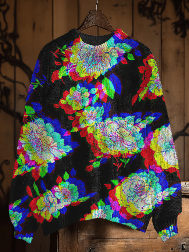 Vintage 3D Colorful Floral Art Print Casual Knit Pullover Sweater