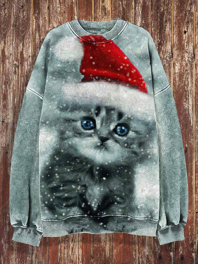 Unisex Christmas Kitten Print Crew Neck Casual Sweatshirt