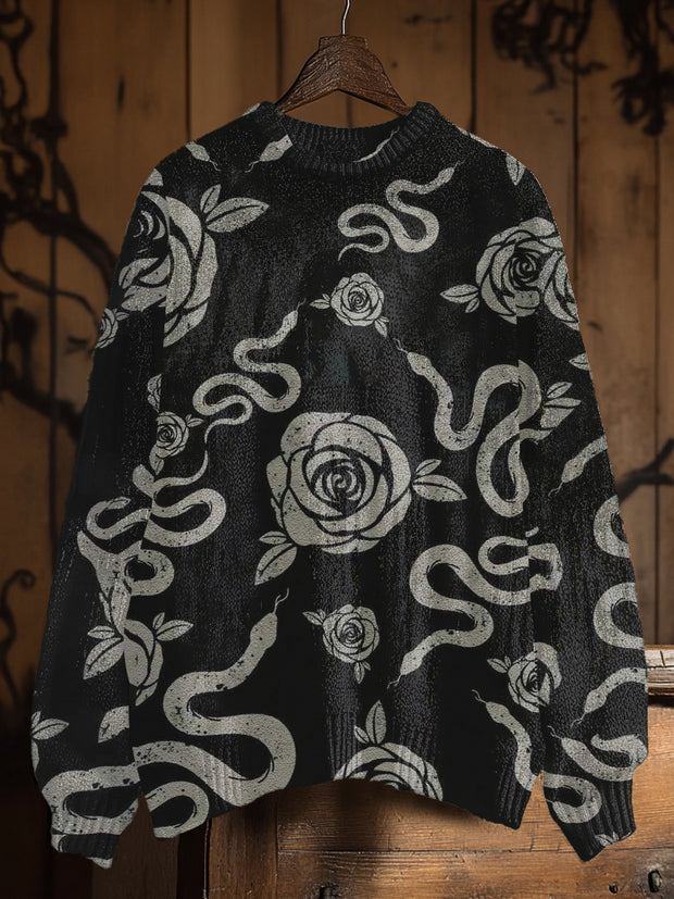 Vintage Snake Rose Art Print Casual Knit Pullover Sweater