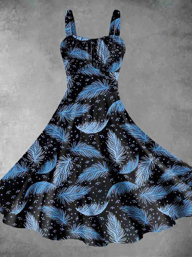 Women's Blue Leaf Abstract Print Sling Dress