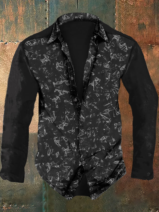 Men's retro geometric print casual fashion lapel long sleeved shirt