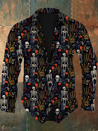 Men's retro skull art print casual fashion lapel long sleeved shirt