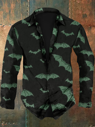 Men's retro bat print casual fashion lapel long sleeved shirt