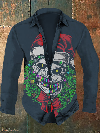 Men's Christmas retro skull print casual fashion lapel long sleeved shirt