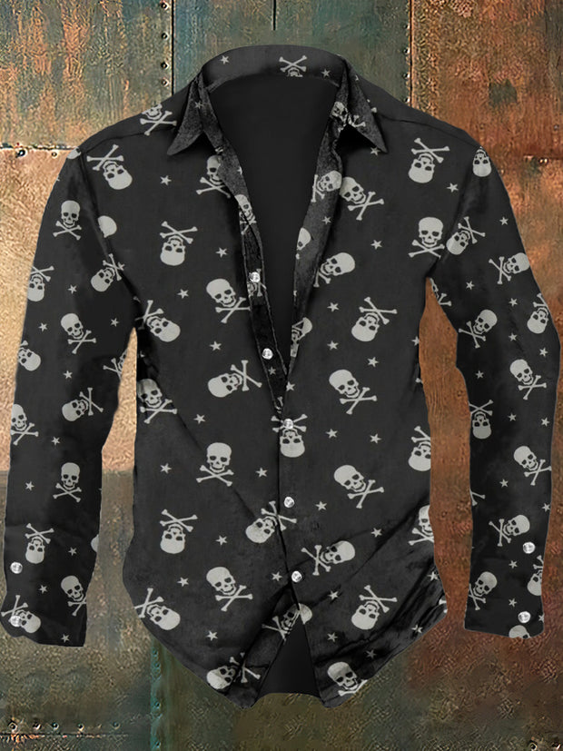 Men's retro skull print casual fashion lapel long sleeved shirt