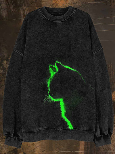 Unisex Fluorescent Cat Print Halloween Crew Neck Casual Sweatshirt