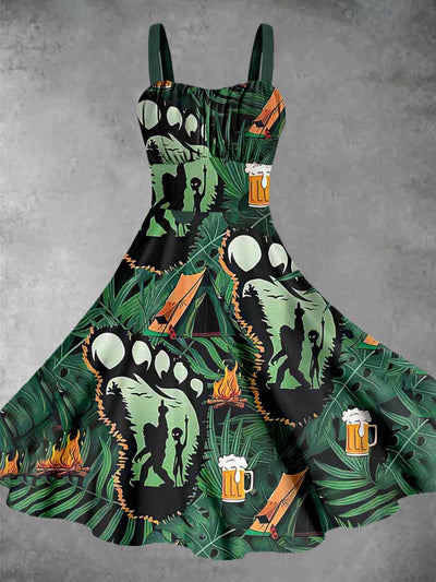 Women`s Bigfoot And Skull Print Sleeveless Midi Dress