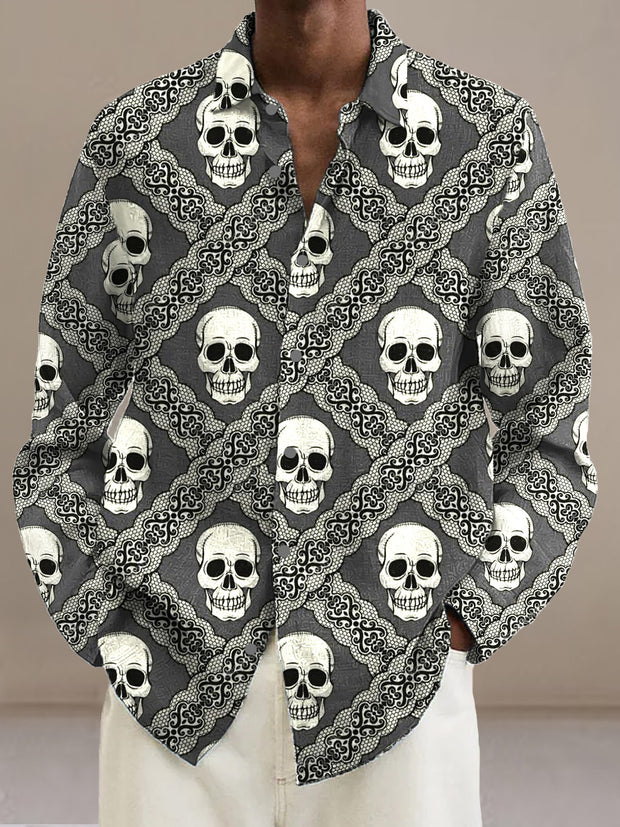 Men's retro skull print casual fashion lapel shirt long sleeved